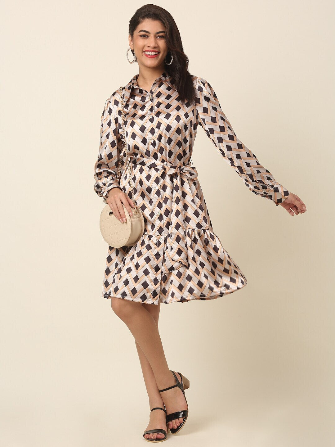 plusS Beige Polka Dot Print Puff Sleeve Fit  Flare Dress