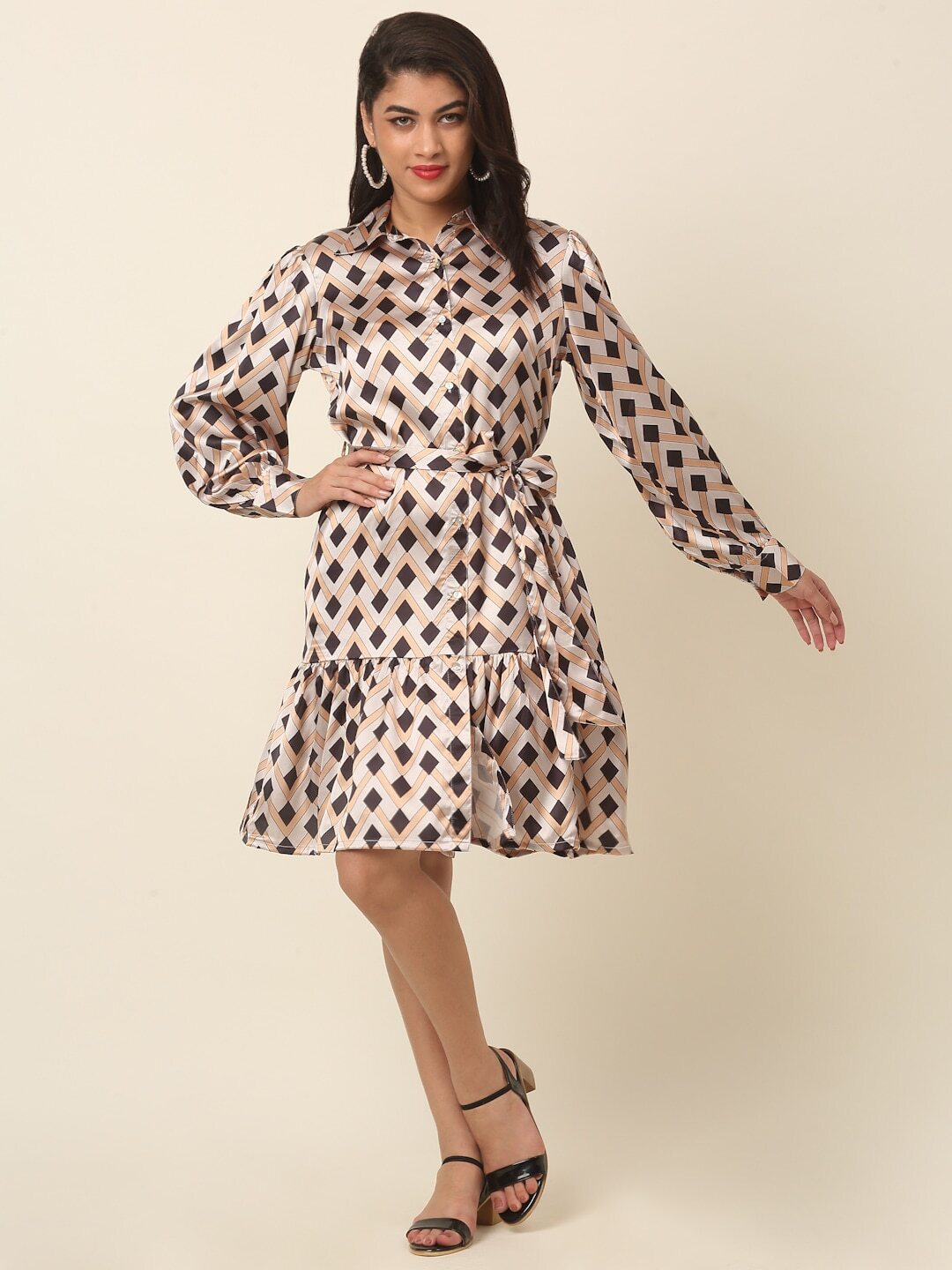 plusS Beige Polka Dot Print Puff Sleeve Fit  Flare Dress