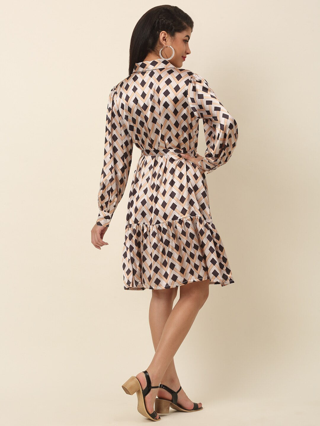 plusS Beige Polka Dot Print Puff Sleeve Fit  Flare Dress