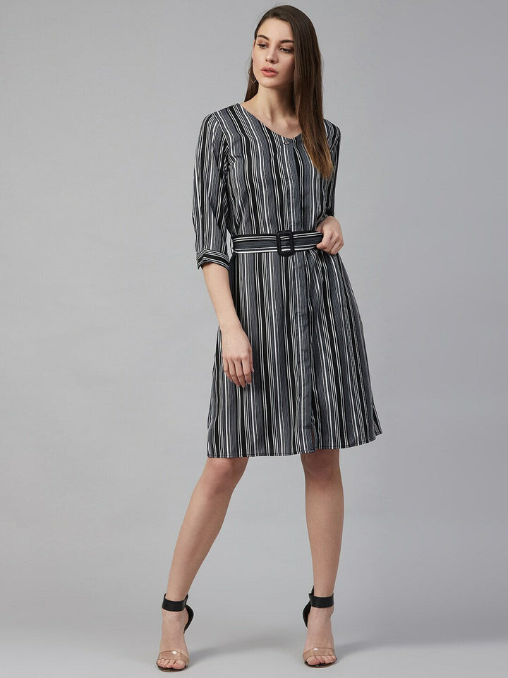 plusS Women Black  Grey Striped A-Line Dress