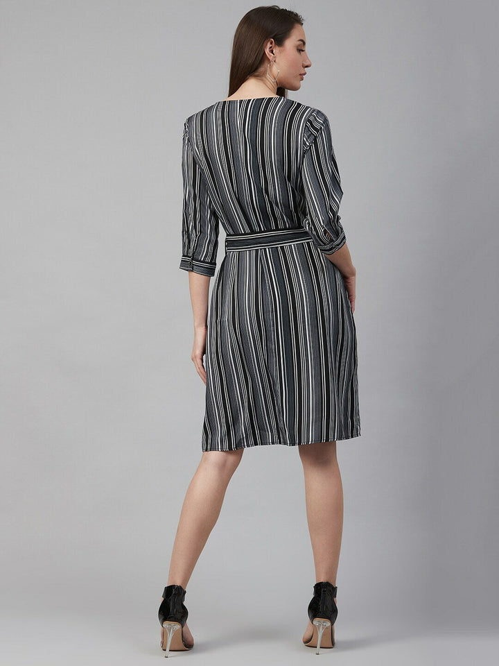 plusS Women Black  Grey Striped A-Line Dress