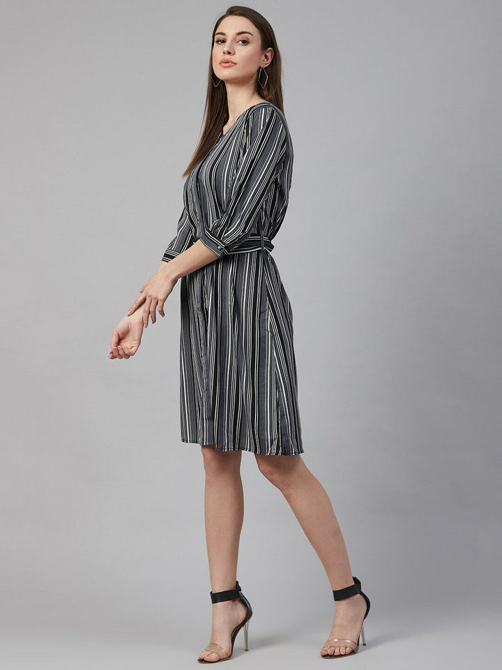 plusS Women Black  Grey Striped A-Line Dress