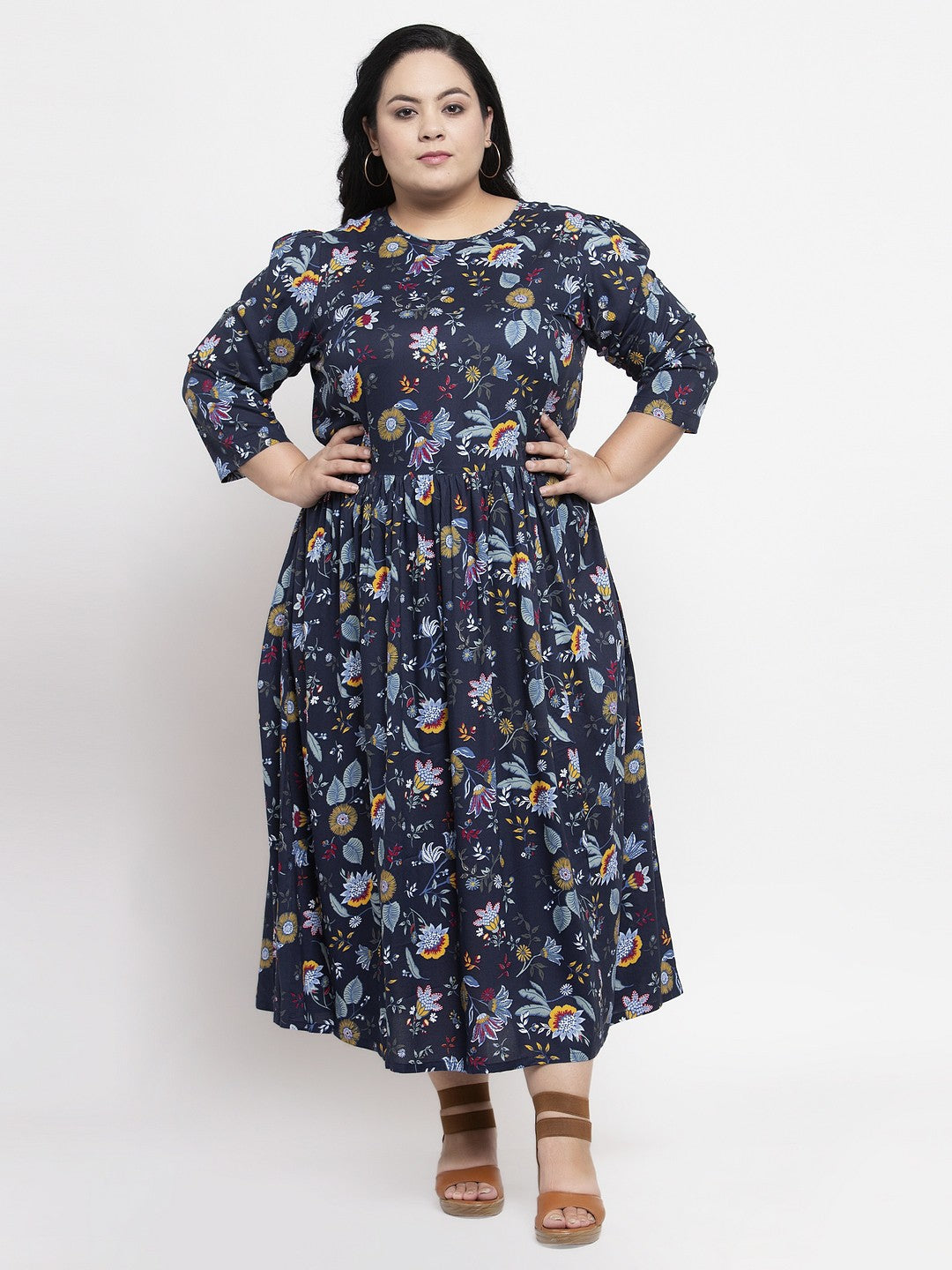 plusS Women Navy Blue Printed A-Line Maxi Dress