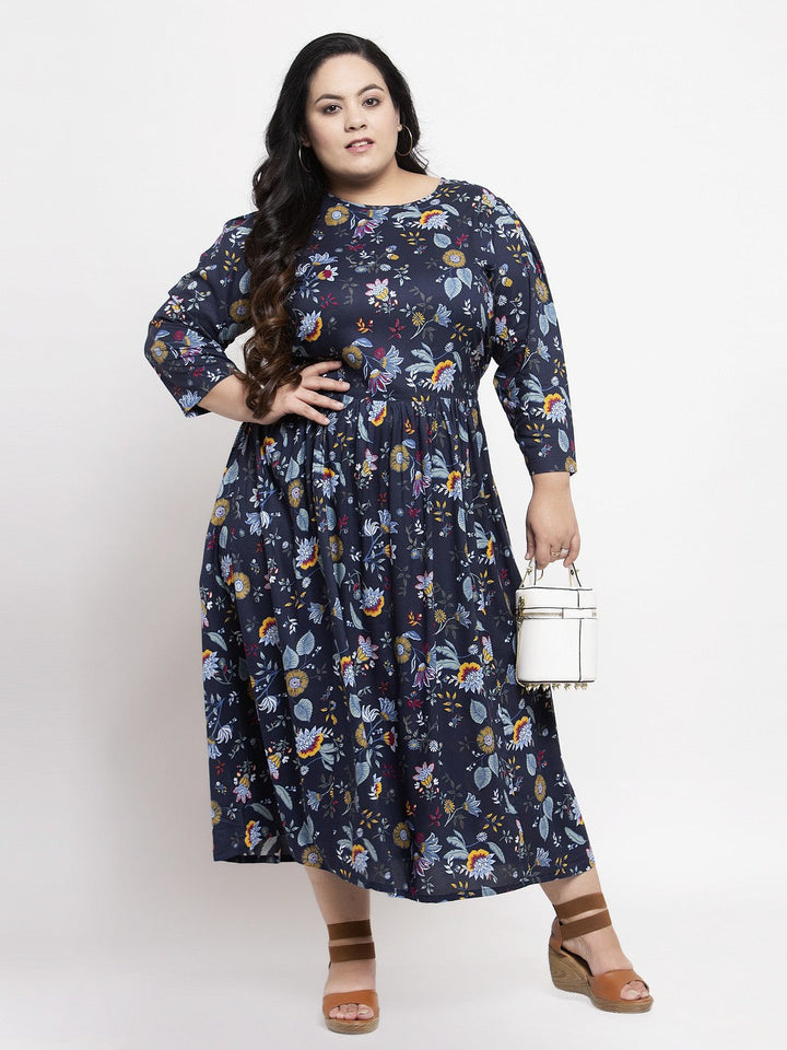 plusS Women Navy Blue Printed A-Line Maxi Dress