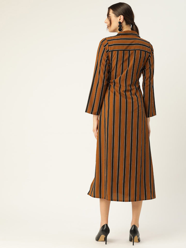 plusS Appealing Brown and Navy Blue Striped Midi Shirt Dress