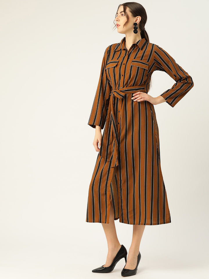 plusS Appealing Brown and Navy Blue Striped Midi Shirt Dress