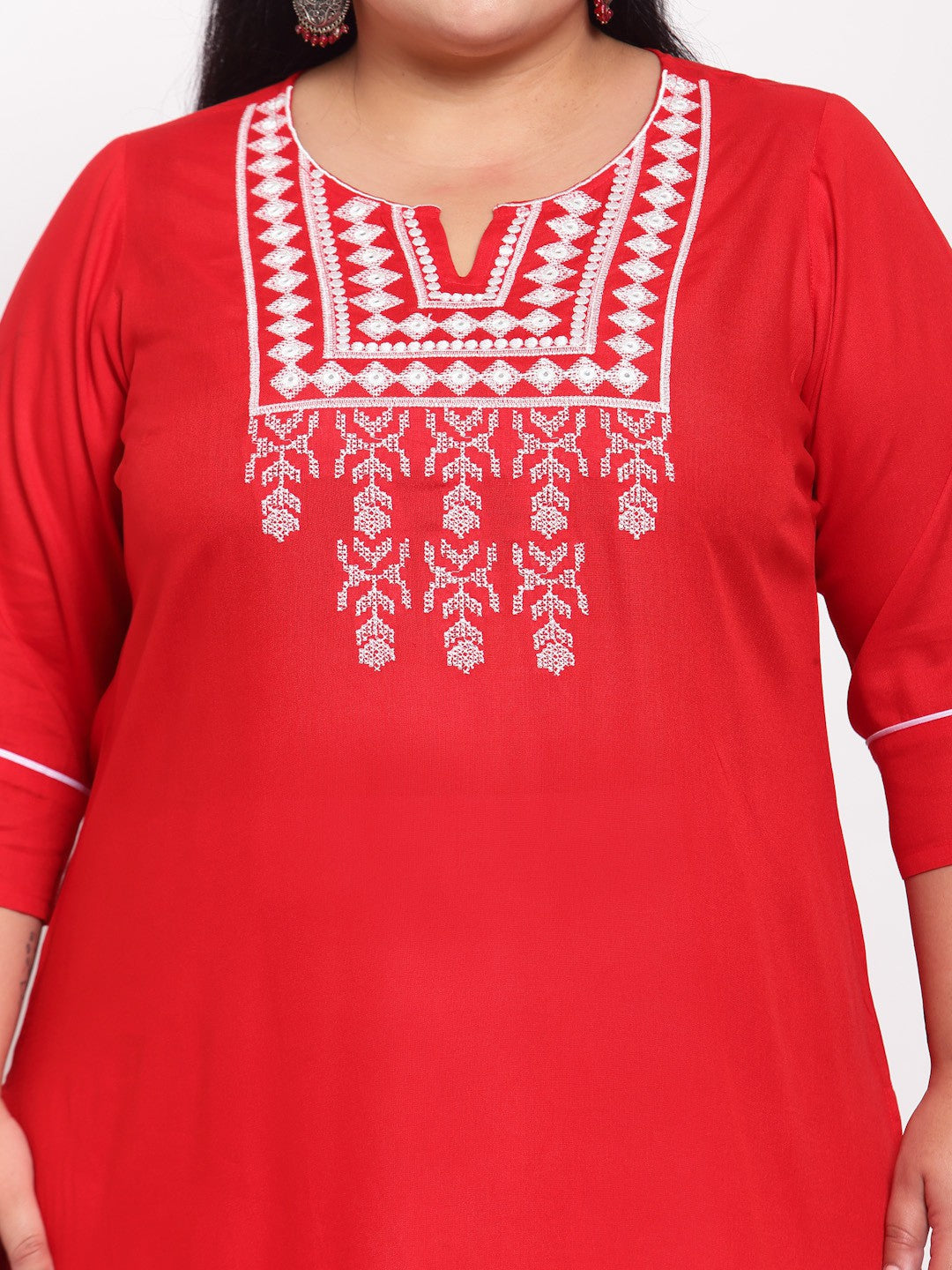 plusS Women Red  White Embroidered Kurta
