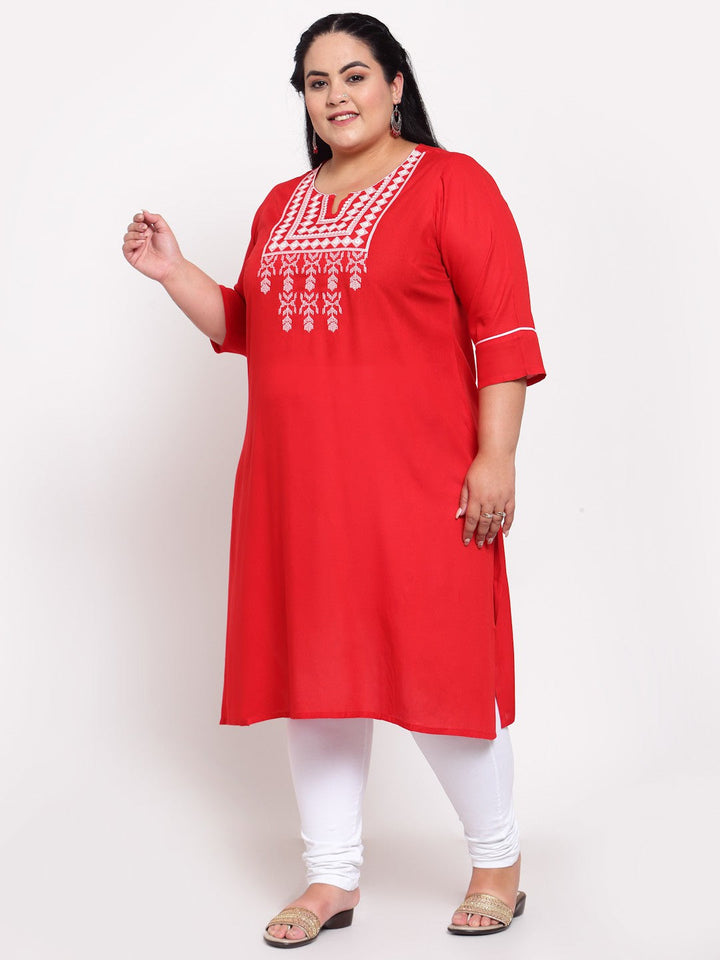 plusS Women Red  White Embroidered Kurta