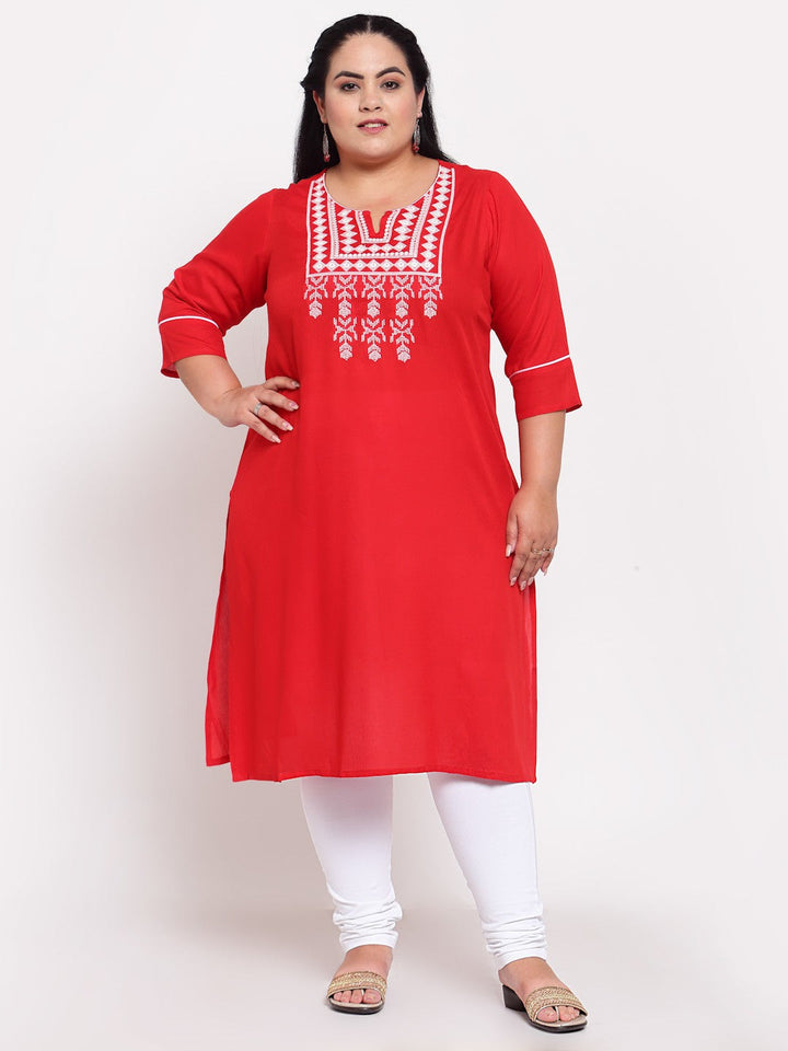 plusS Women Red  White Embroidered Kurta