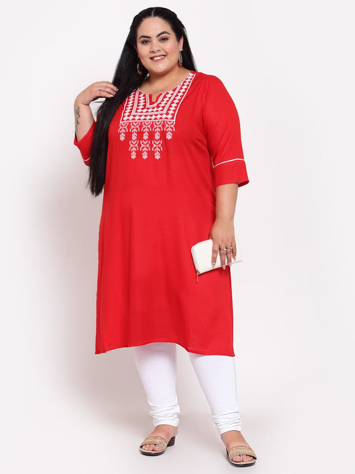 plusS Women Red  White Embroidered Kurta