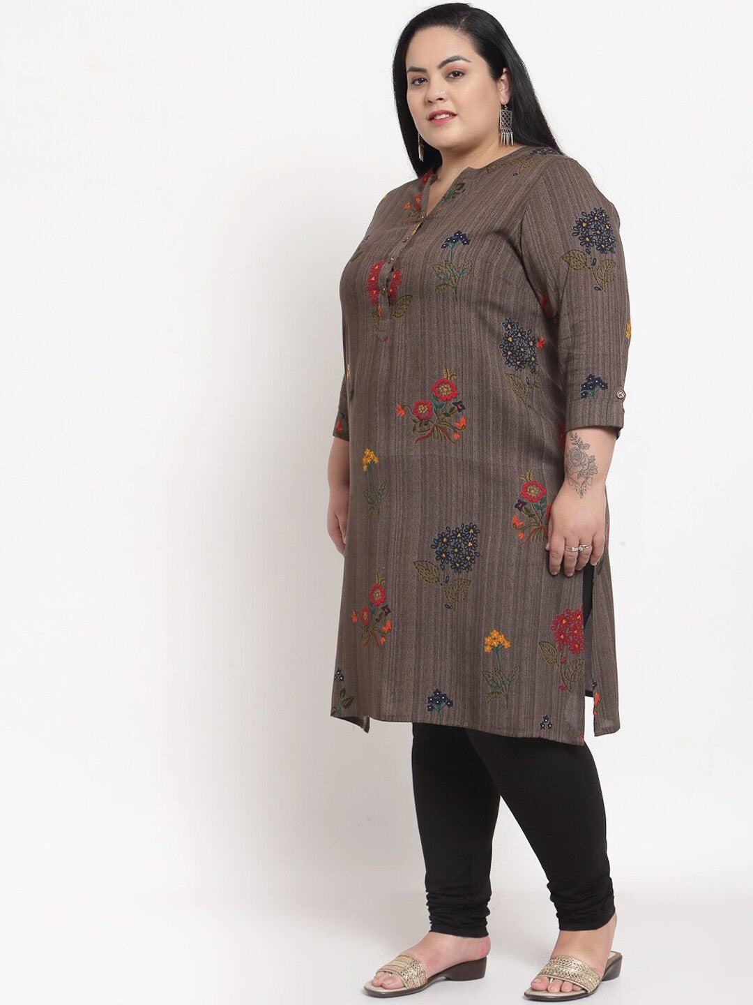 plusS Plus Size Women Grey Floral Printed Kurta