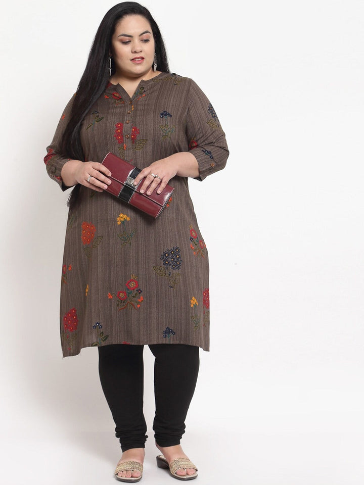 plusS Plus Size Women Grey Floral Printed Kurta