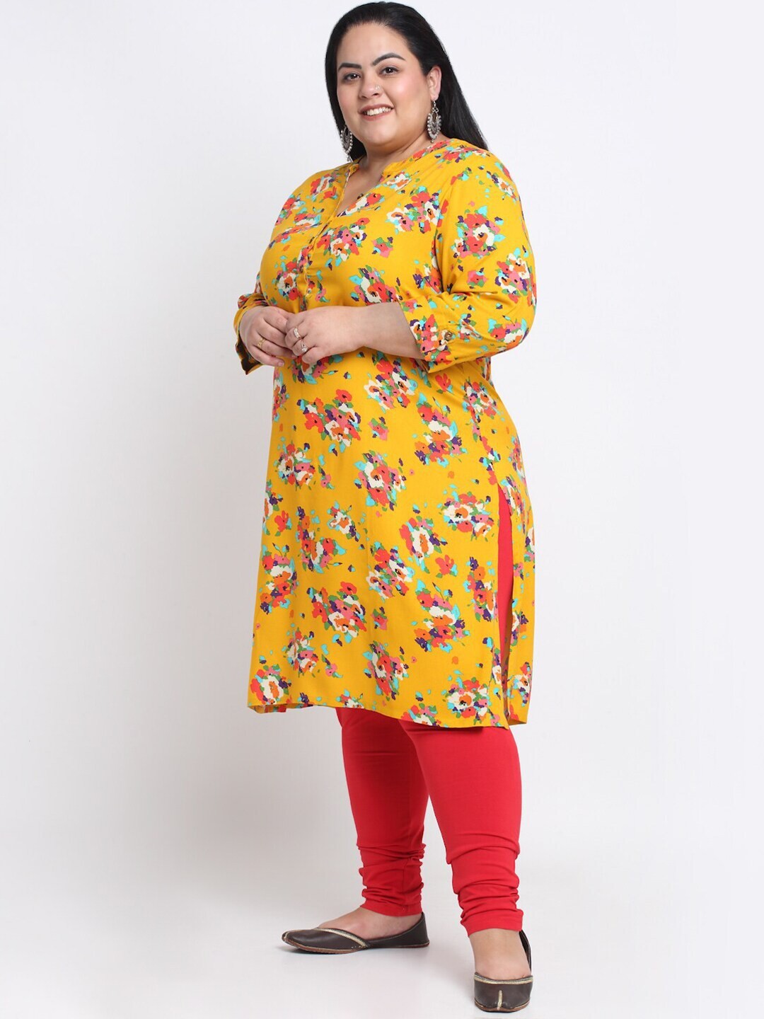 plusS Floral Printed Mandarin Collar A-Line Straight Regular Kurta