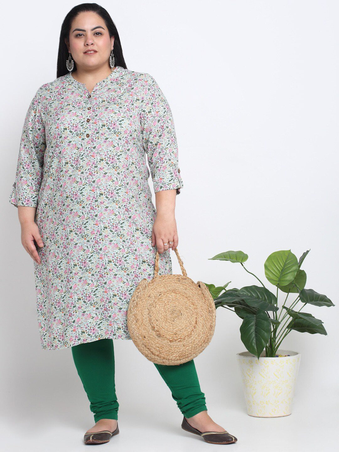 plusS Floral Printed Mandarin Collar A-Line Kurta