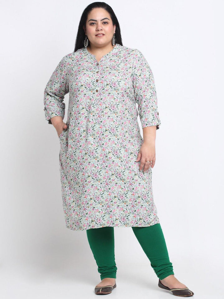 plusS Floral Printed Mandarin Collar A-Line Kurta