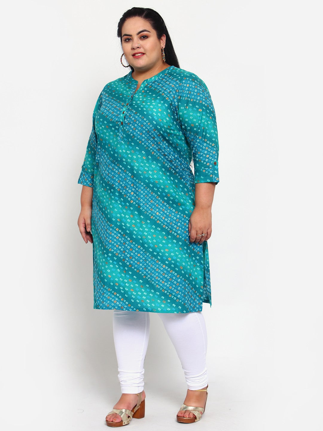 plusS Women Blue  Green Bandhani Printed Kurta