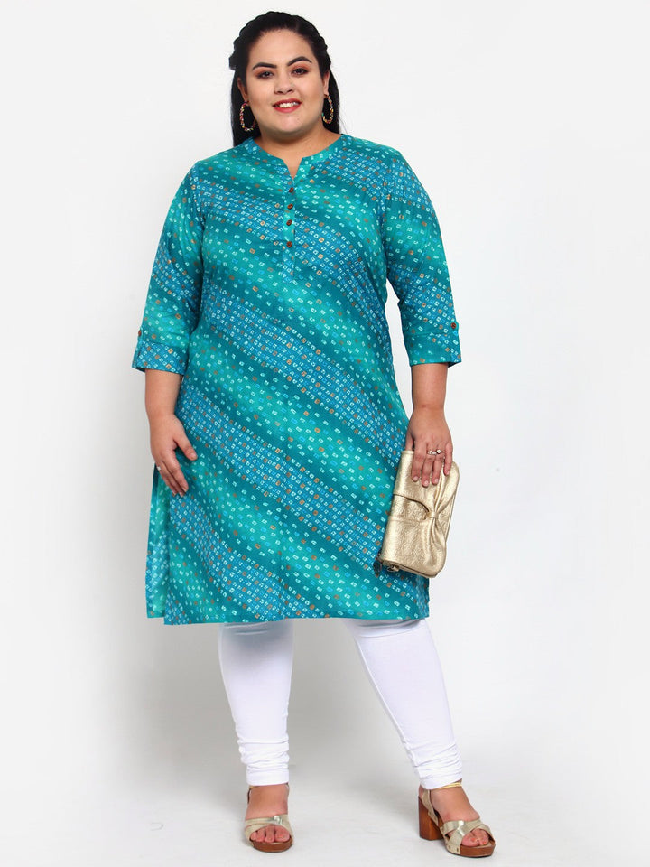 plusS Women Blue  Green Bandhani Printed Kurta