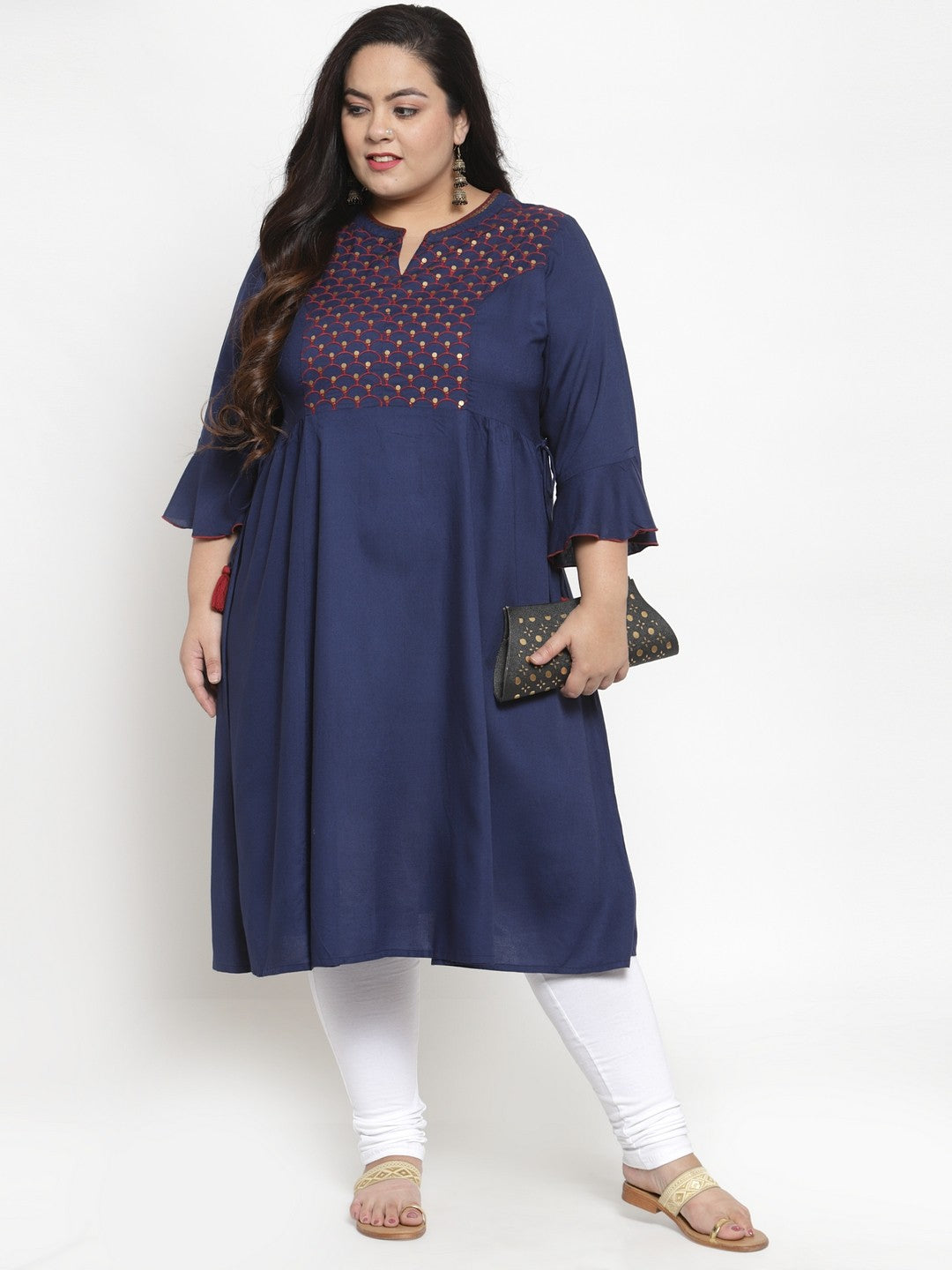 Navy Blue Embroidered A-Line Kurta