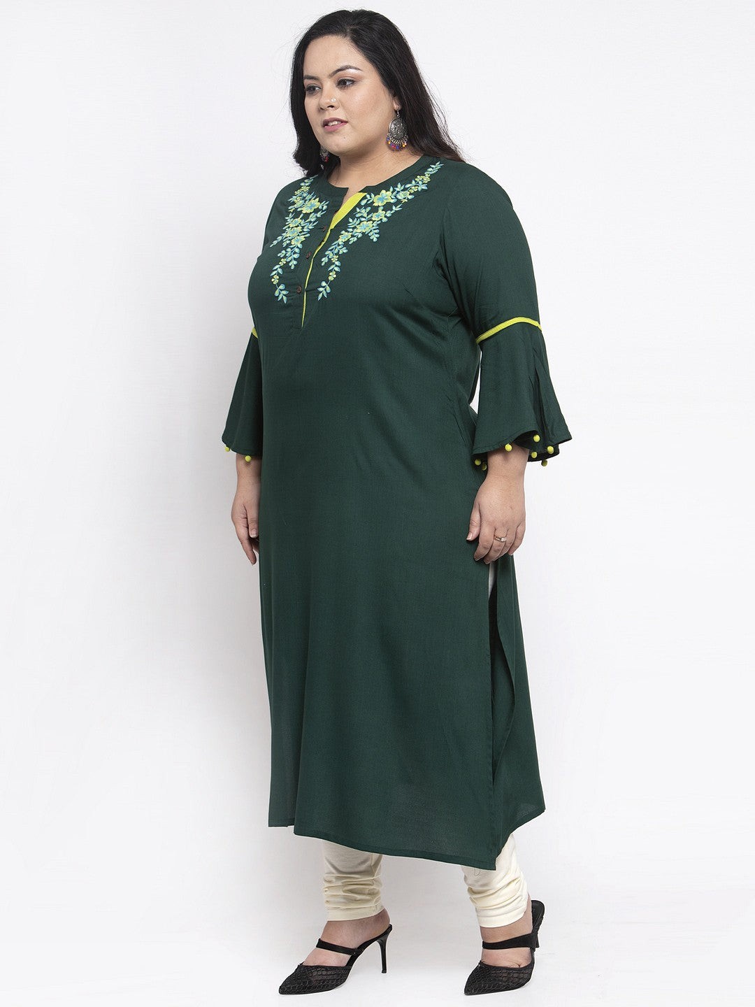 plusS Women Green Yoke Design Straight Kurta