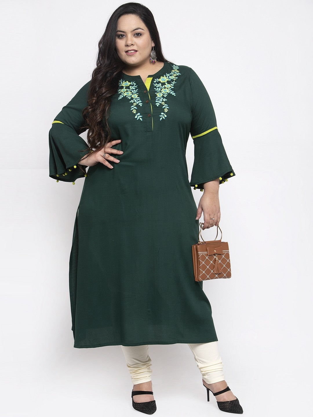 plusS Women Green Yoke Design Straight Kurta