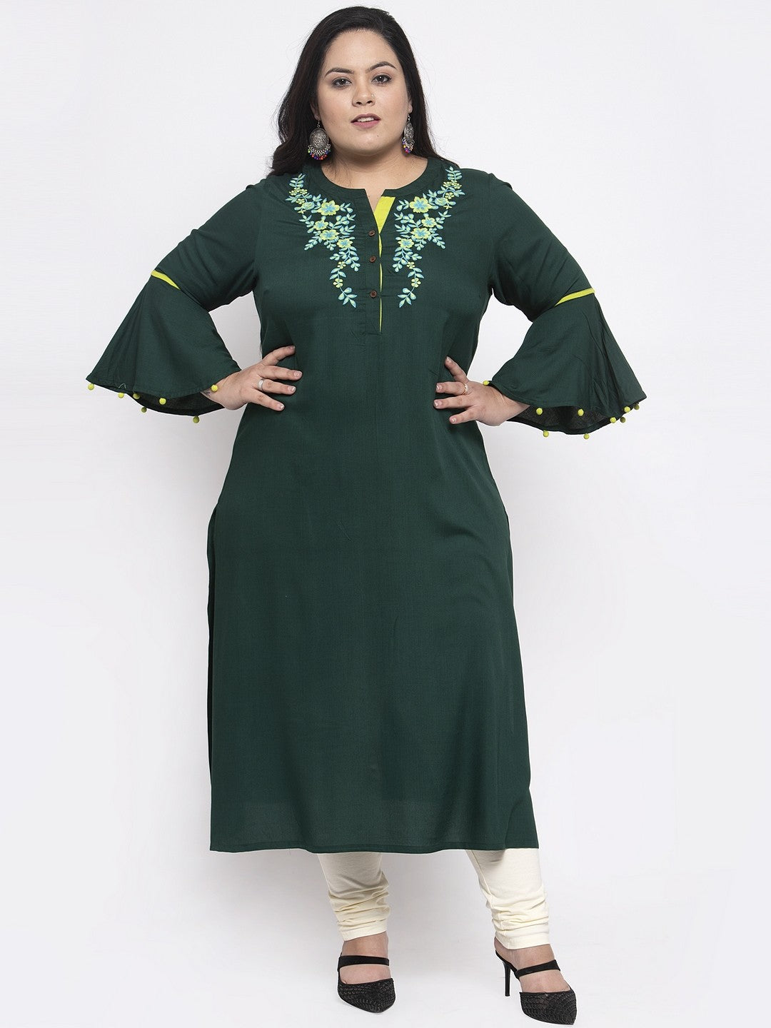 plusS Women Green Yoke Design Straight Kurta