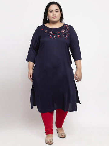 plusS Women Navy Blue  Red Embroidered Straight Kurta