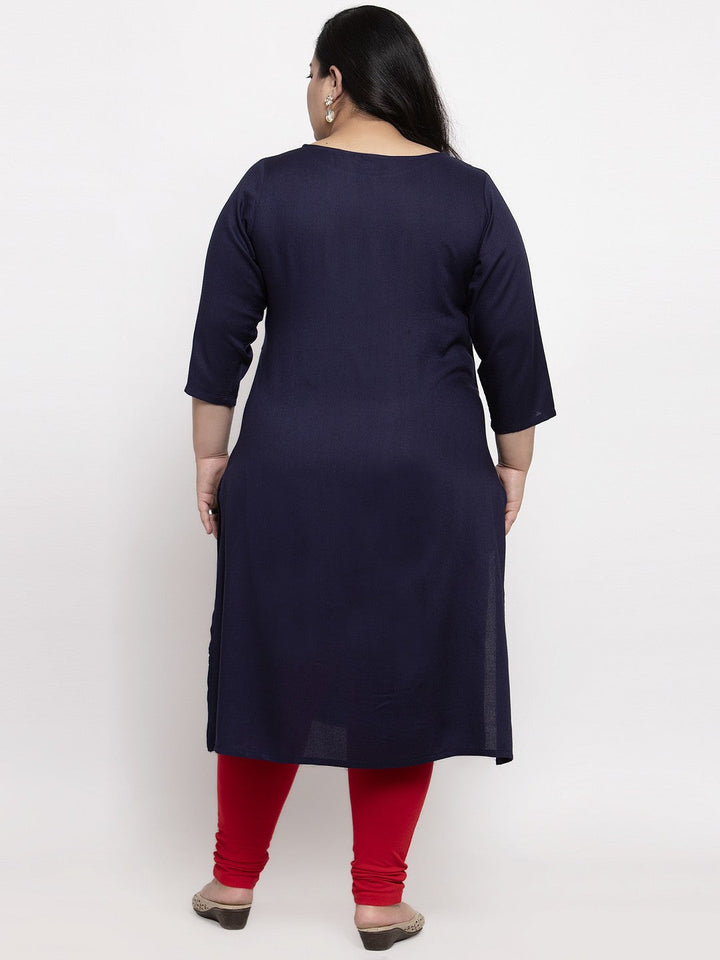 plusS Women Navy Blue  Red Embroidered Straight Kurta