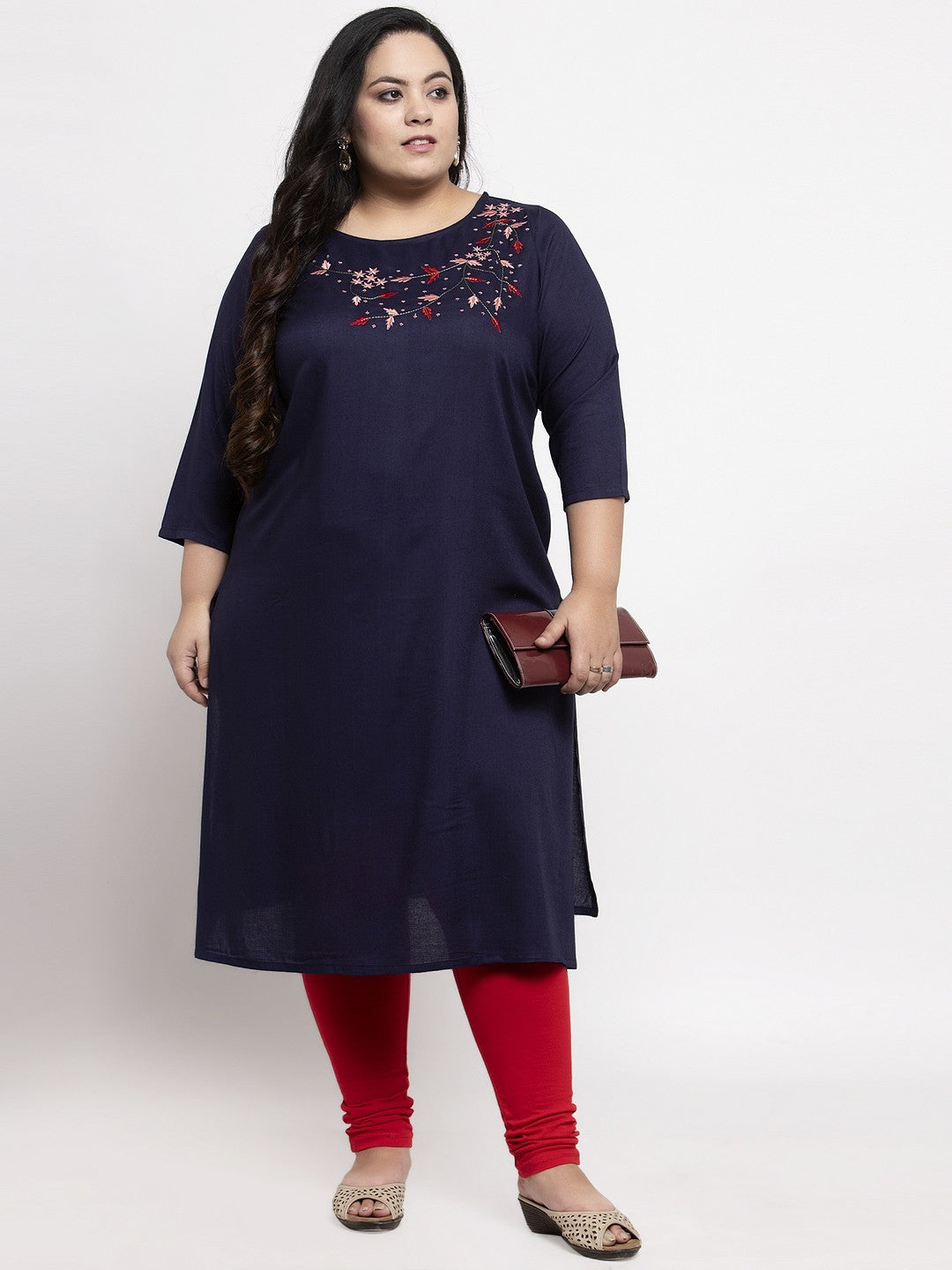 plusS Women Navy Blue  Red Embroidered Straight Kurta