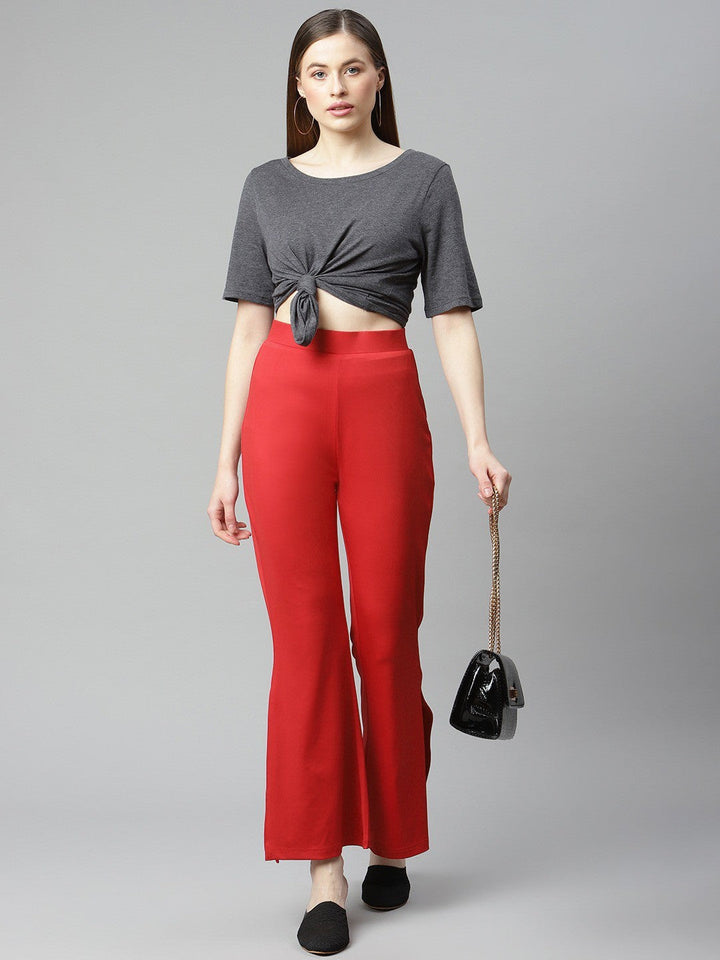 plusS Women Red Solid Bootcut Trousers