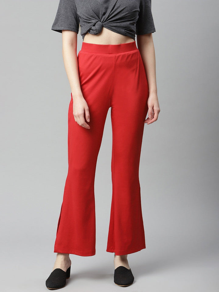 plusS Women Red Solid Bootcut Trousers