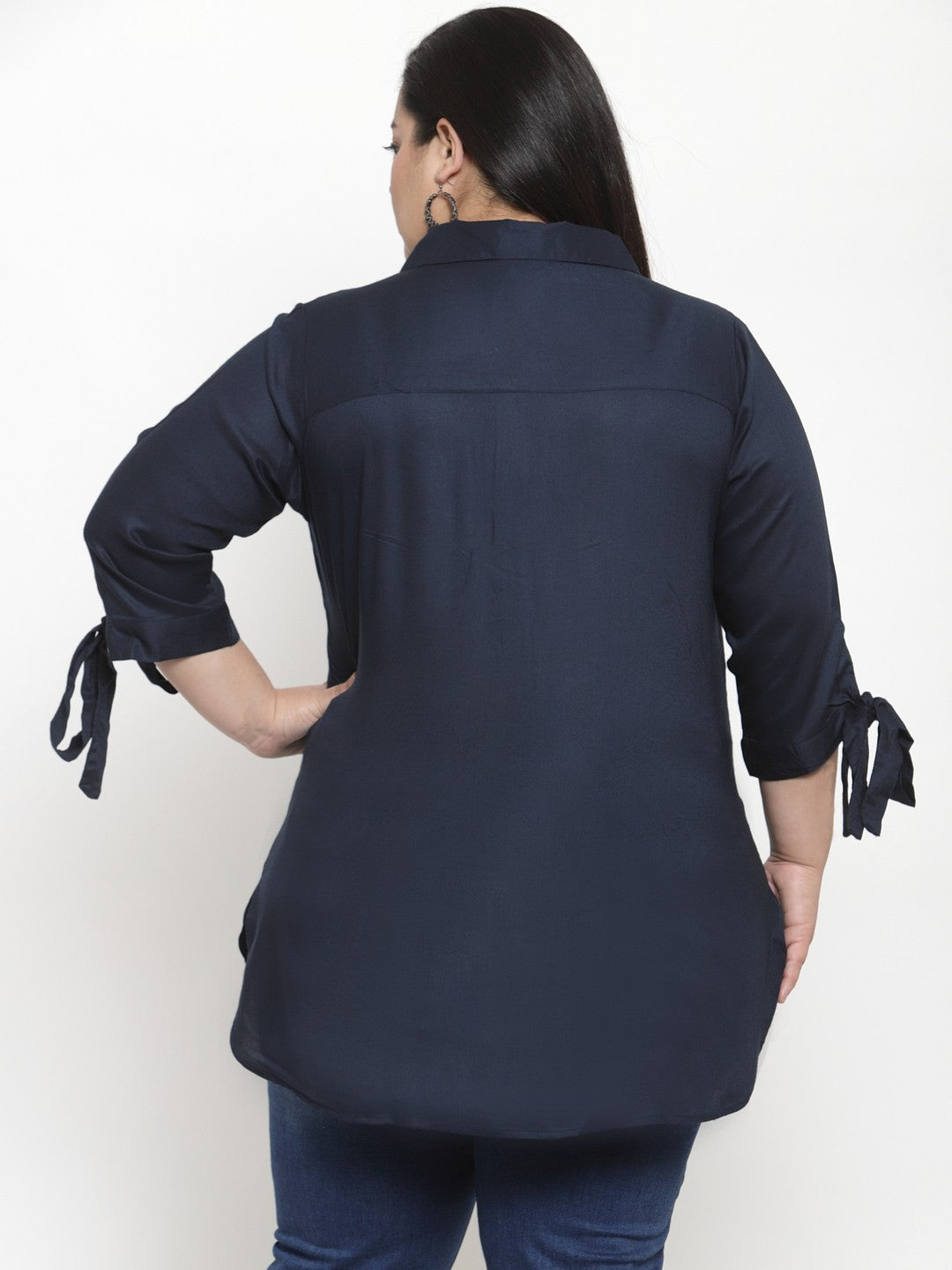 plusS Women Navy Blue Regular Fit Embroidered Casual Shirt