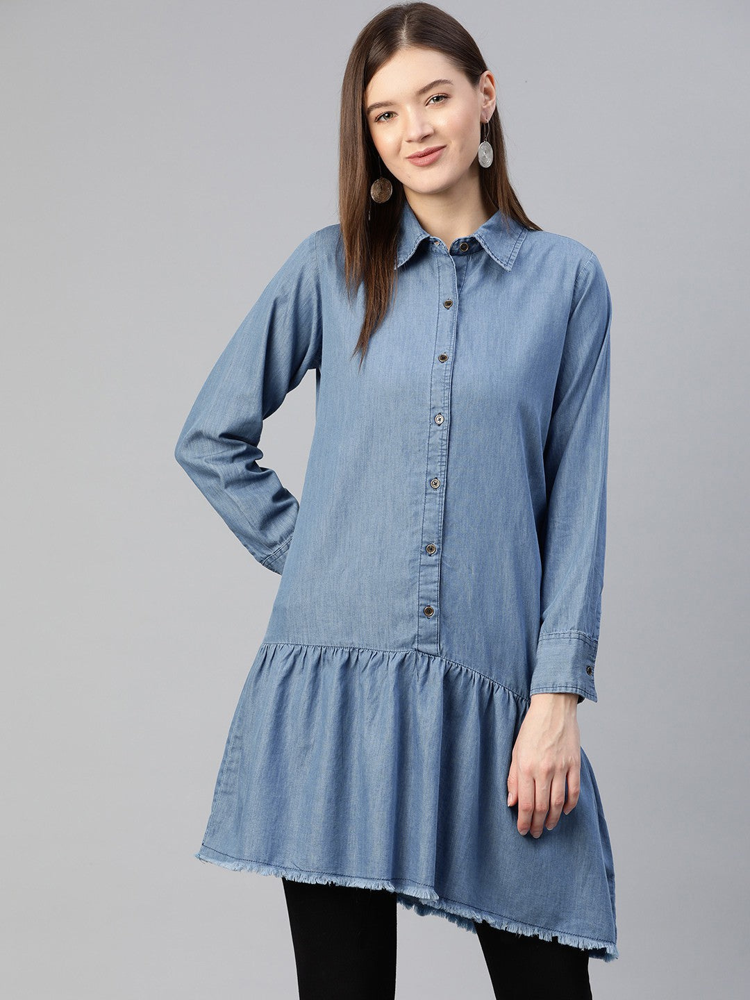 plusS Women Blue Solid Pure Cotton A-Line Dress