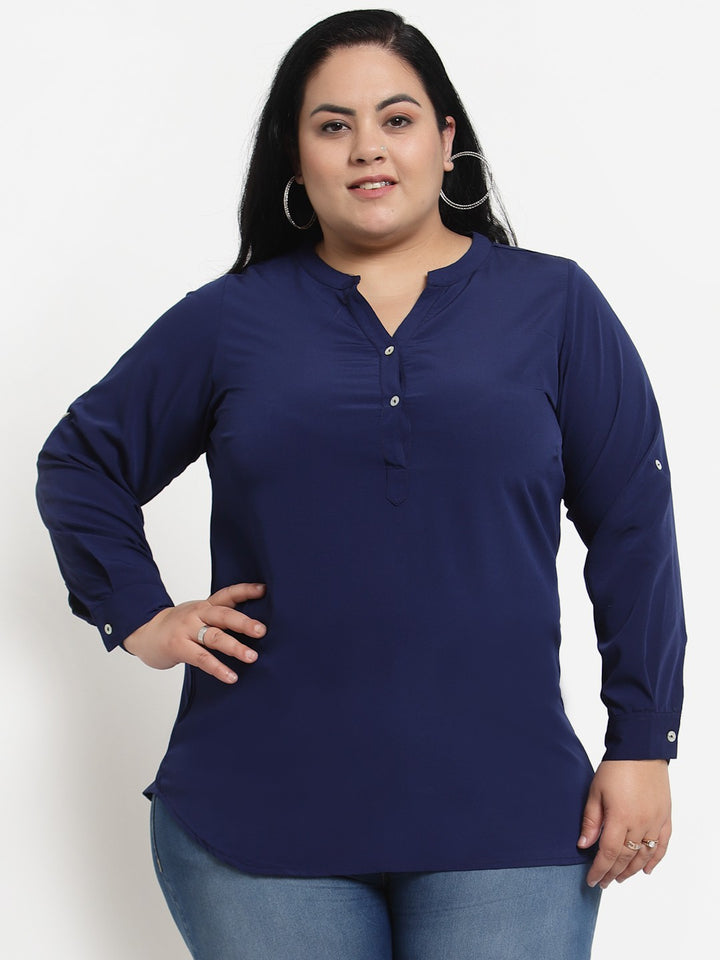 plusS Blue Mandarin Collar Roll-Up Sleeves Shirt Style Plus Size Top