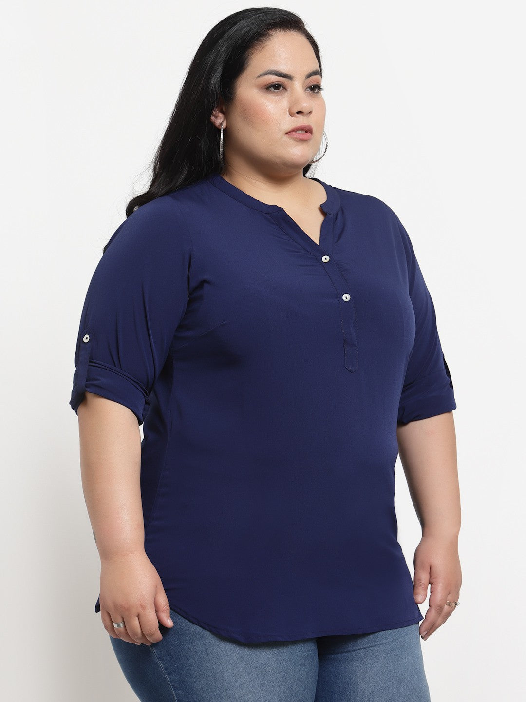 plusS Blue Mandarin Collar Roll-Up Sleeves Shirt Style Plus Size Top