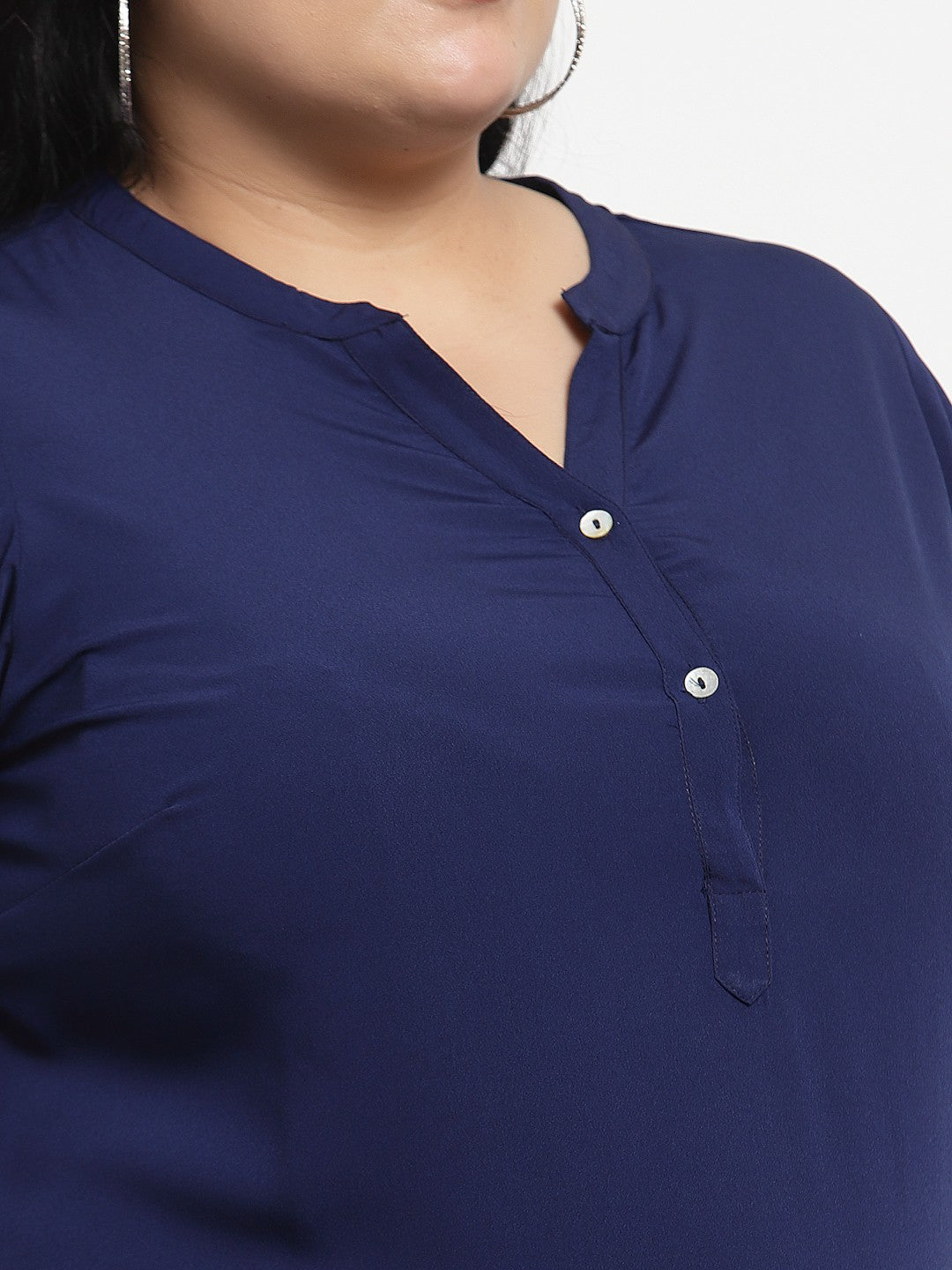 plusS Blue Mandarin Collar Roll-Up Sleeves Shirt Style Plus Size Top