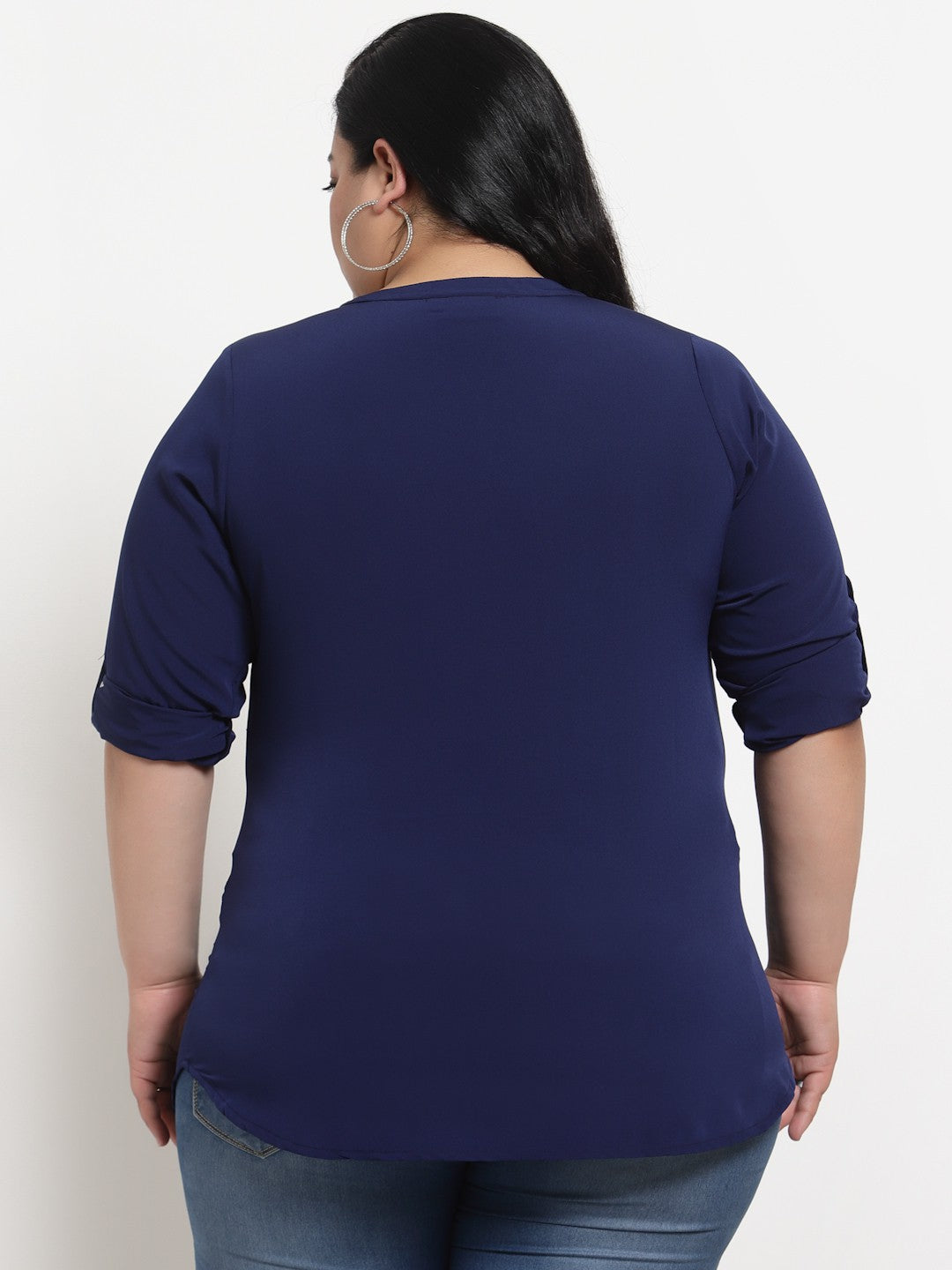 plusS Blue Mandarin Collar Roll-Up Sleeves Shirt Style Plus Size Top 8XL / Navy Blue / Polyester