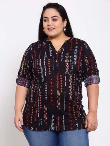 plusS Navy Blue Printed Shirt Style Top