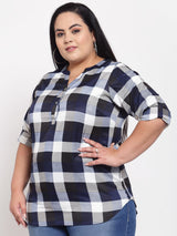 plusS Blue Checked Roll-Up Sleeves Cotton Shirt Style Top