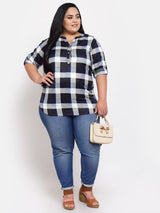 plusS Blue Checked Roll-Up Sleeves Cotton Shirt Style Top
