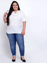 plusS Women White Mandarin Collar Shirt Style Top