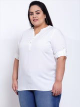plusS Women White Mandarin Collar Shirt Style Top