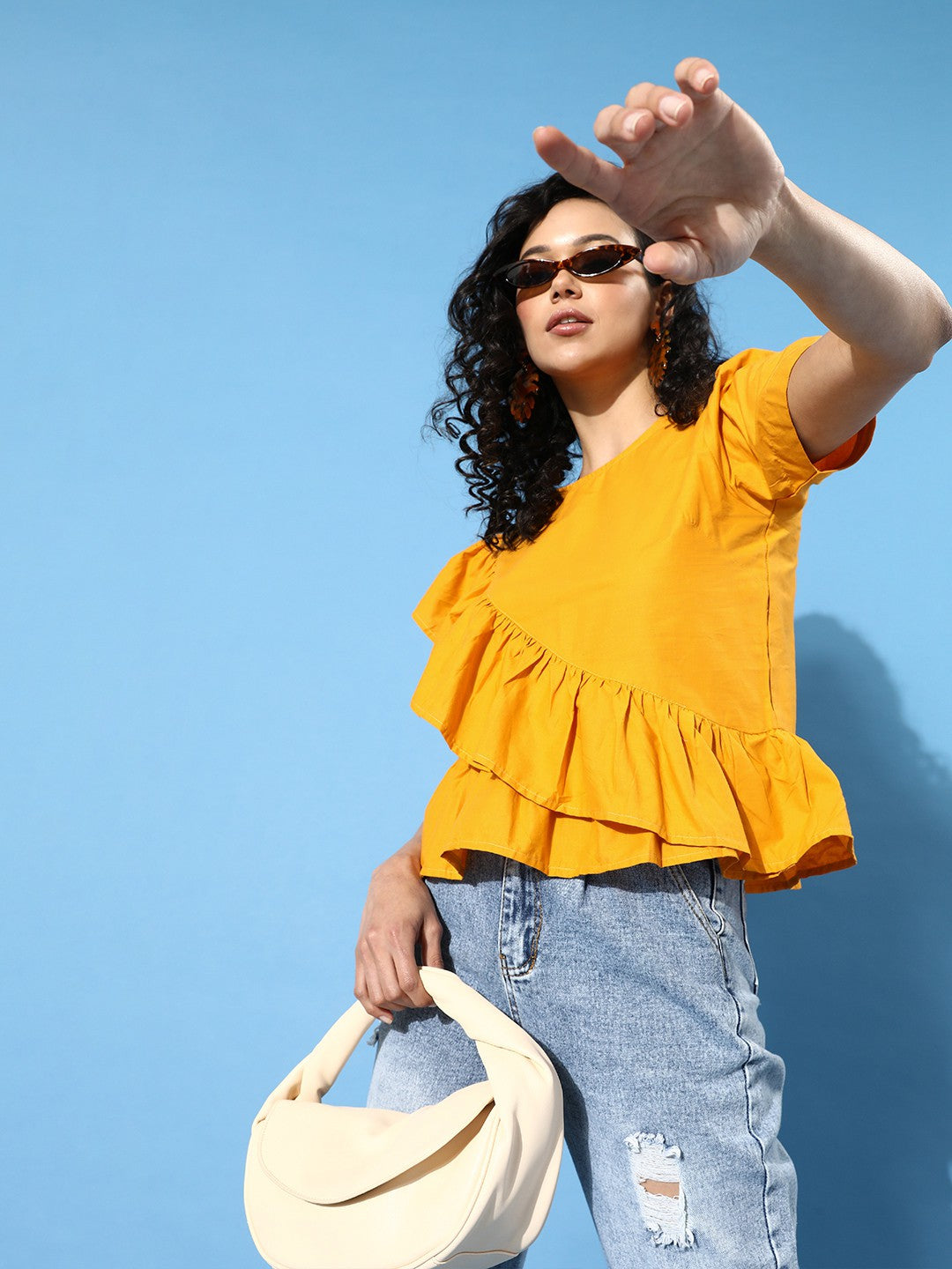 Stylish Mustard Solid Ruffled Top