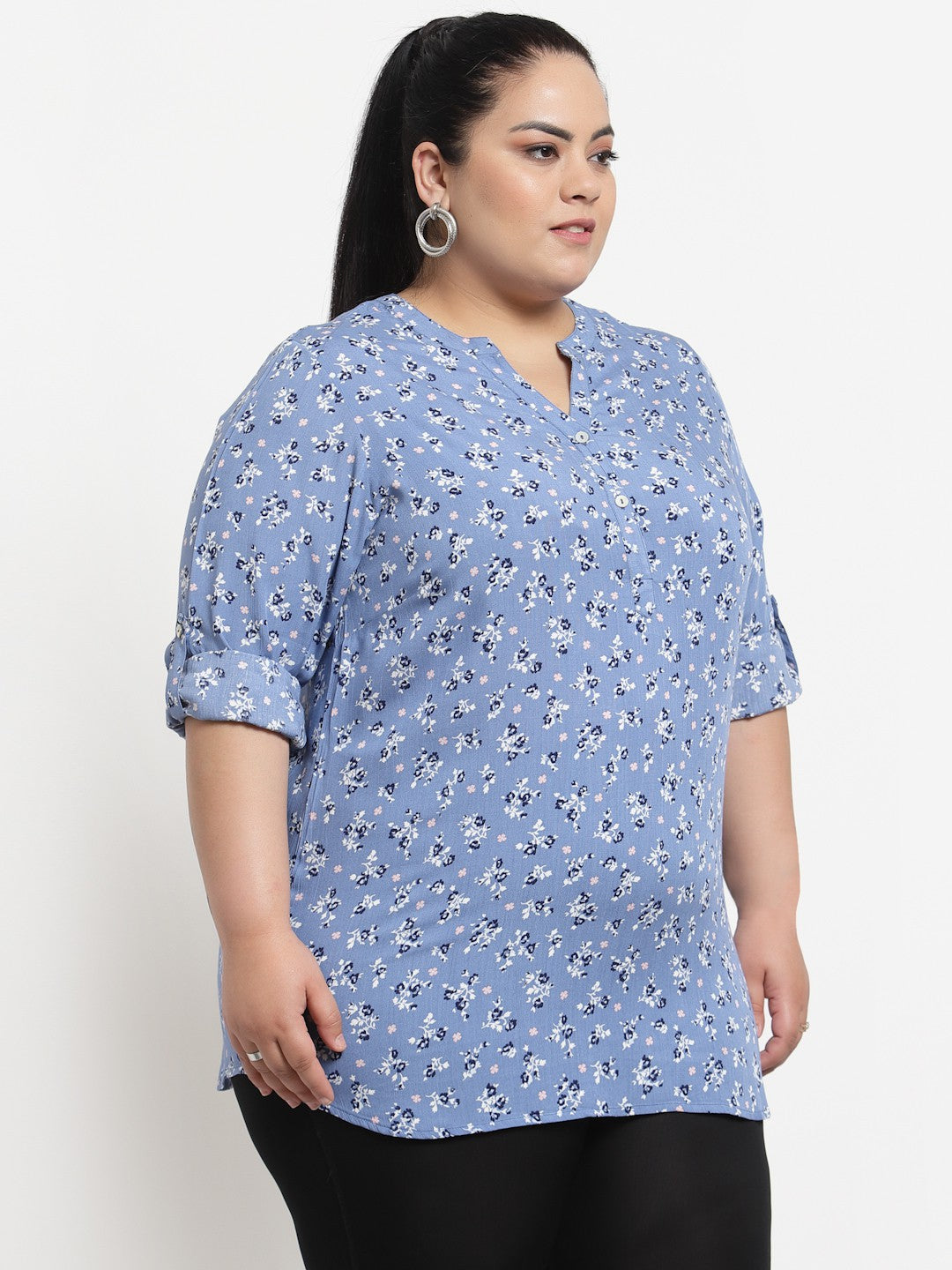 plusS Blue Floral Print Mandarin Collar Top