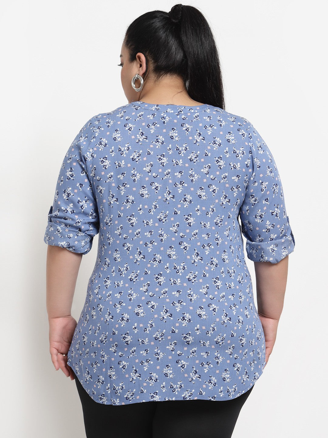 plusS Blue Floral Print Mandarin Collar Top