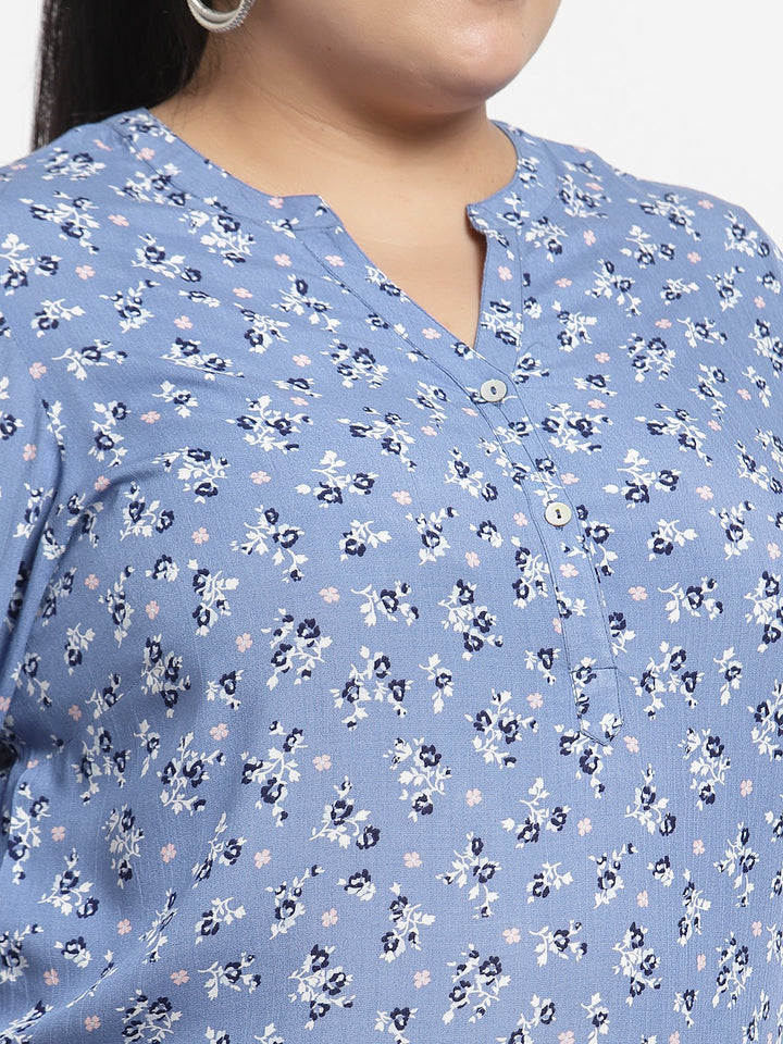 plusS Blue Floral Print Mandarin Collar Top