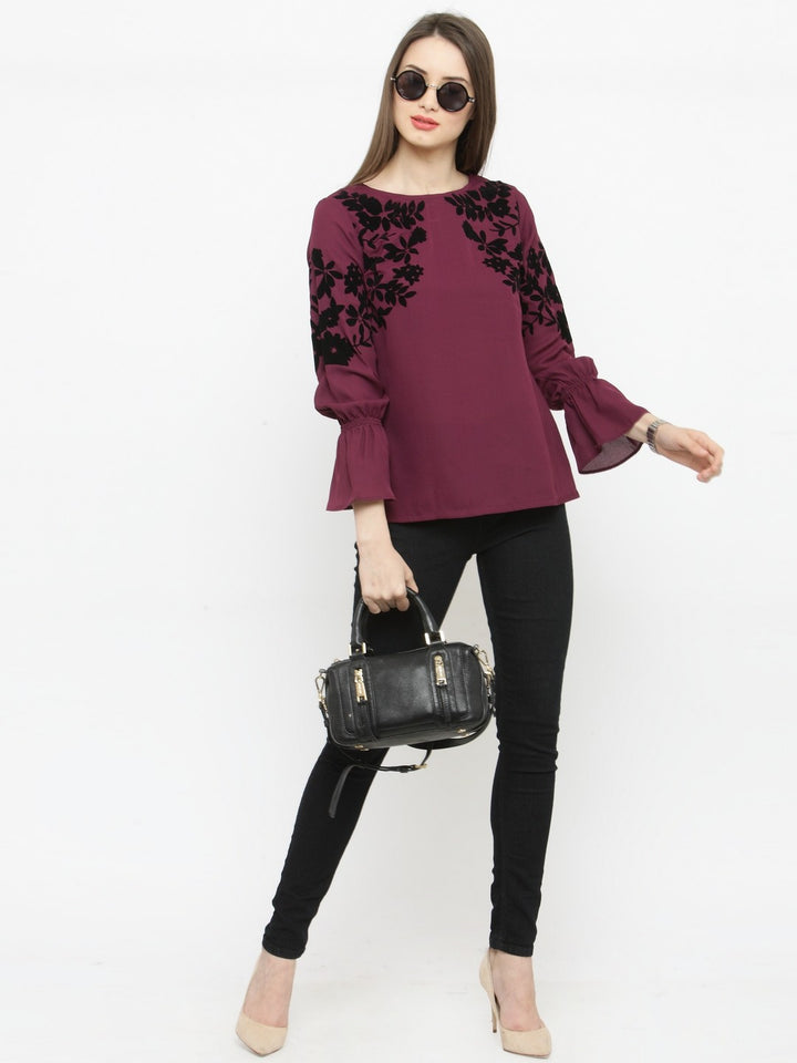 plusS Burgundy Floral Bell Sleeves A-Line Top