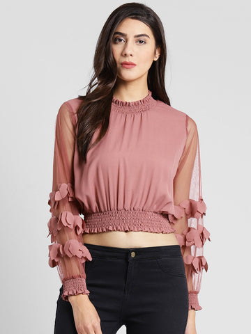 plusS Women Peach-Coloured Self Design Blouson Top