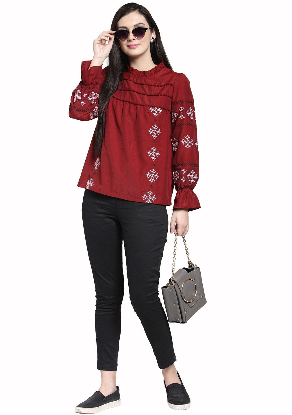 plusS Maroon Geometric Embroidered Boxy Top