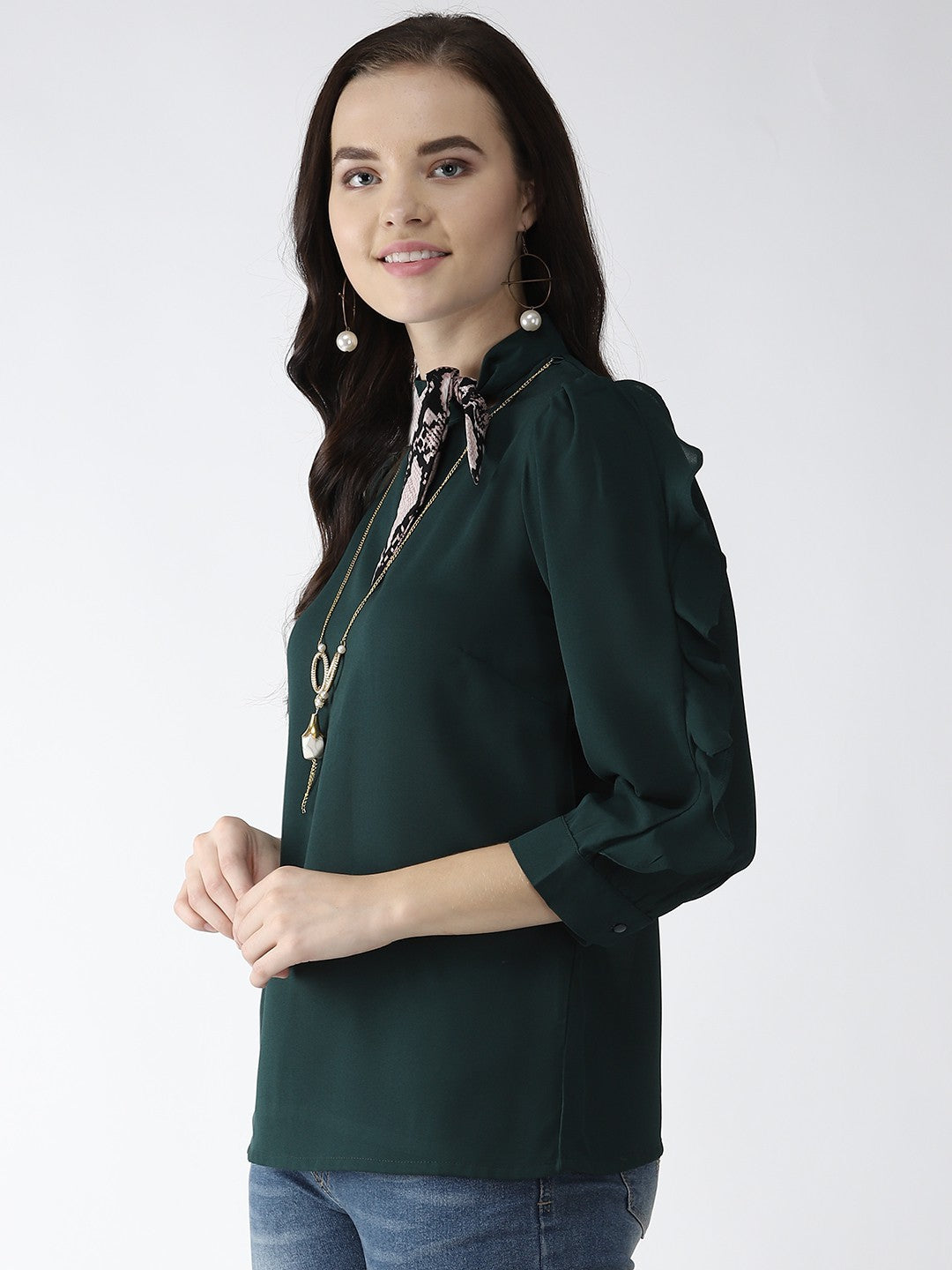 plusS Green Frill Detail Top with Mini Scarf