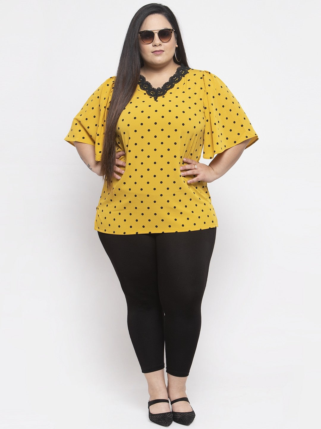 plusS Women Yellow Polka Dot Printed Top